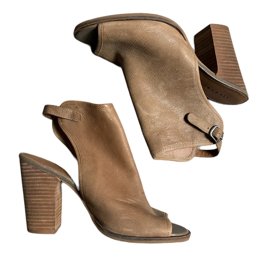 Lucky Brand Lisza Tan Leather Open Toe Open Back Block‎ Heel Booties Womens 7.5